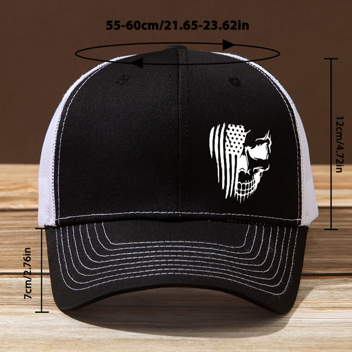 Gorra de béisbol curva con estampado de calavera y bandera de letra para hombres y mujeres, elegante sombrero de camionero para actividades al aire libre, ajustable y adecuado para camping y pesca, perfecto para correr, hacer senderismo y camping, lo conv