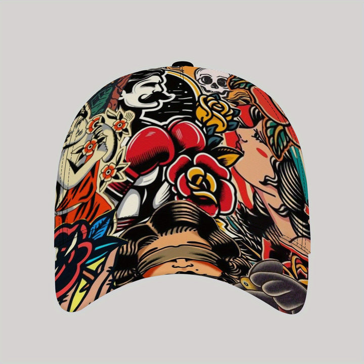 Gorra de Béisbol Hip-Hop Transpirable con Diseño Vibrante de Flores y Calaveras - Cierre Ajustable para Playa, Actividades al Aire Libre, Pesca, Vacaciones - Regalo Casual para Padres, Amigos, Vecinos