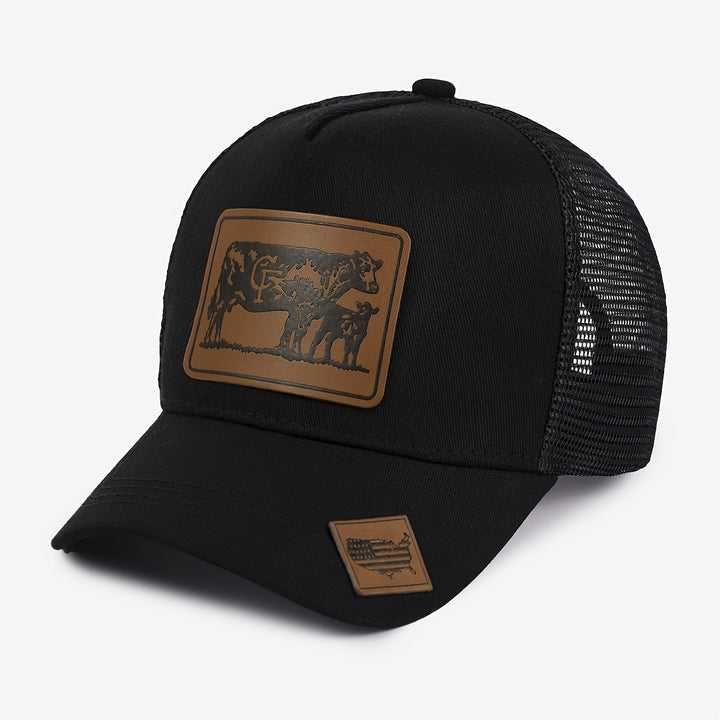 Gorra Trucker Grande de Estilo Europeo con Parches de Malla - Visera Ancha con Estampado Animal de Piel de Vaca, Ligera 50% /, Marrón Pastoral/Beige para Viajes al Aire Libre, Visitas a Granjas y Uso Casual (Ajustable)
