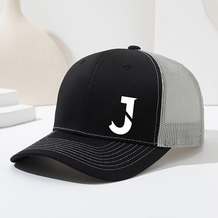 Gorra de béisbol unisex con letra J en el costado, diseño de malla transpirable y visera curva, ideal para primavera y verano. Gorra tipo trucker ajustable, perfecta para actividades al aire libre, deportes, senderismo y pesca