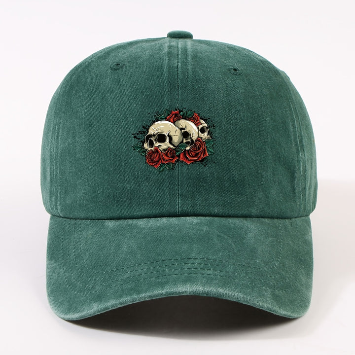 1 Gorra de béisbol impresa con un solo auricular, lavada a mano, ajustable, ligera, no elástica, con tema de vacaciones, diseño de rosa y calavera, para hombres, mujeres, ciclismo urbano al aire libre, todas las estaciones.