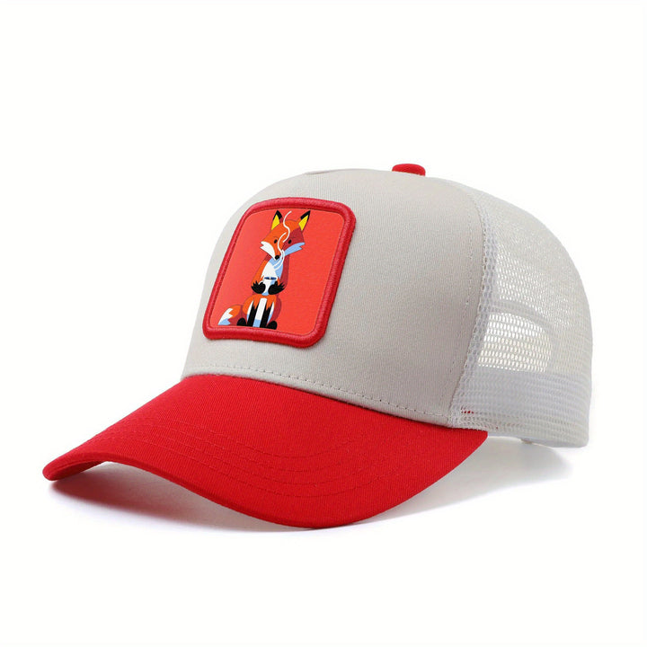 Gorra de Camionero Unisex de Anime con Zorro y Taza de Café - Gorra Ajustable con Cierre de Presión, Parte Trasera de Malla Transpirable, Diseño de 6 Paneles y Estilo Manga - Gorra Ligera para Verano, Casual, Skate (Gris/Rojo)