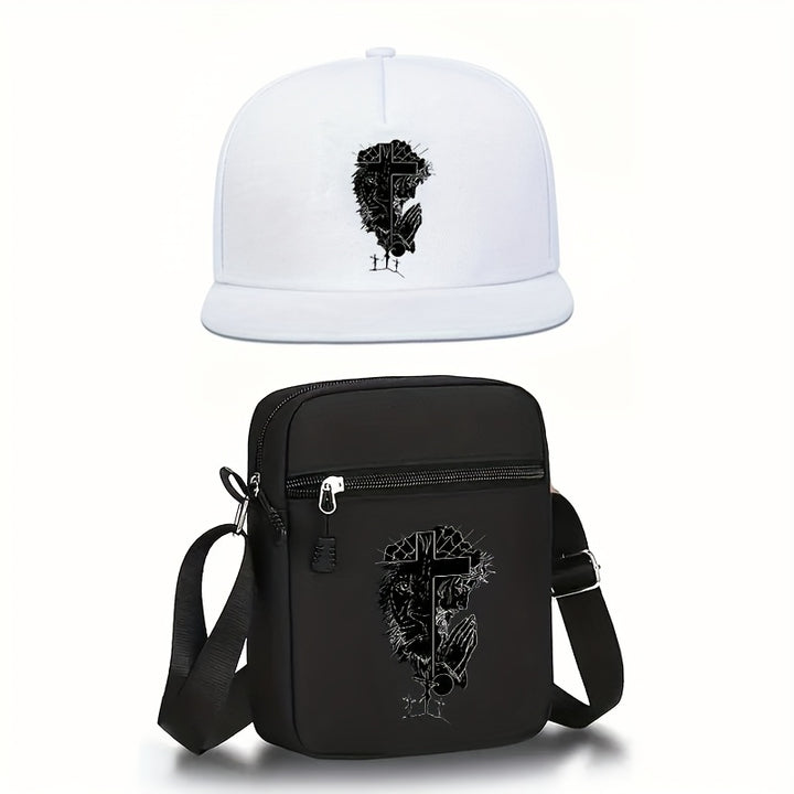 2 piezas Gorra de béisbol unisex con visera plana y estampado de cruz y bolso bandolera | Ajustable, regalo perfecto para ti o tus amigos, para todas las estaciones, estilo urbano