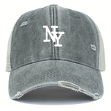 Gorra de camionero de malla desgastada con estampado de NY para hombre - Gorra de béisbol ligera, transpirable, con cierre de snapback, gris, gorra de béisbol