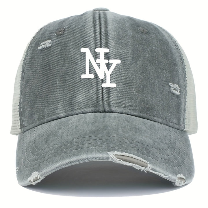 Gorra de camionero de malla desgastada con estampado de NY para hombre - Gorra de béisbol ligera, transpirable, con cierre de snapback, gris, gorra de béisbol