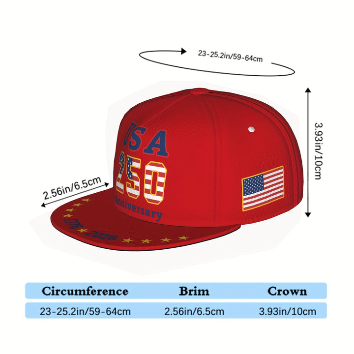 Gorra Snapback de Hombres y Mujeres - 250º Aniversario de EE. UU. 1776-2026 - Bandera Americana Ajustable con 50 Estrellas y 13 Rayas, Gorra Ligera y Transpirable de Visera Plana para el 4 de Julio, Día de la Independencia, Actividades al Aire Libre - Reg