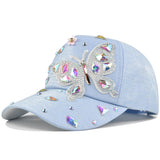 Gorra de Béisbol Azul Claro con Bordado Completo de Mariposa Brillante, Ajustable con Snapback - Lujo para Fiestas y Outfits Diarios, Sombrero de Mano para Navidad, Bodas, Eventos Especiales (Disponibilidad de Bordado)