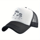 Gorra de béisbol de malla con patrón de árbol de coco, ajustable con cierre de clic, poliéster transpirable para hombres y mujeres, sombrero casual para vacaciones al aire libre, accesorio de playa.