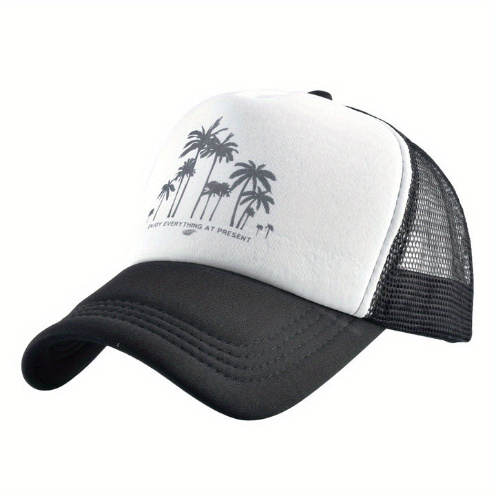 Gorra de béisbol de malla con patrón de árbol de coco, ajustable con cierre de clic, poliéster transpirable para hombres y mujeres, sombrero casual para vacaciones al aire libre, accesorio de playa.