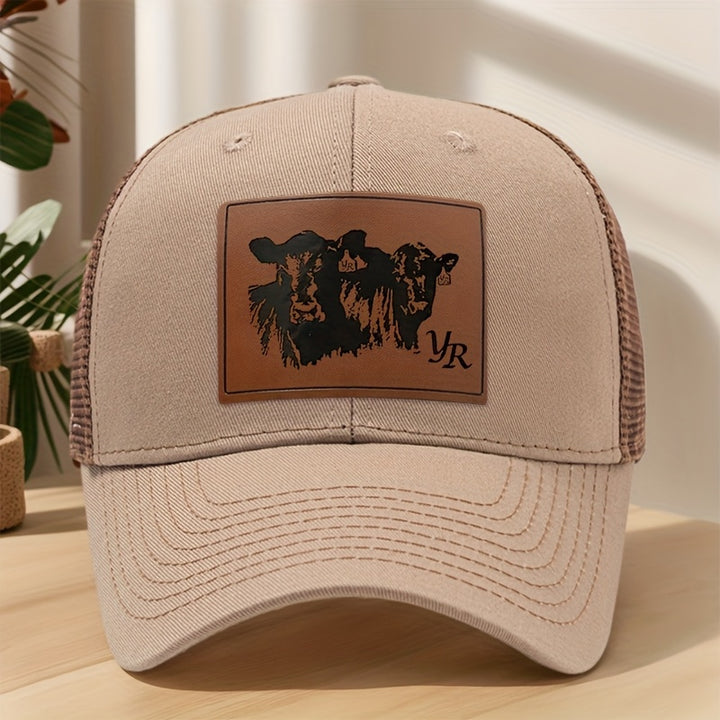 Gorra de béisbol de diseño ligero hecha de piel sintética con grabado de vaca de dos cabezas, con malla transpirable para actividades al aire libre como ir de compras, vacacionar y más.