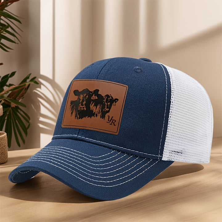 Gorra de béisbol de diseño ligero hecha de piel sintética con grabado de vaca de dos cabezas, con malla transpirable para actividades al aire libre como ir de compras, vacacionar y más.