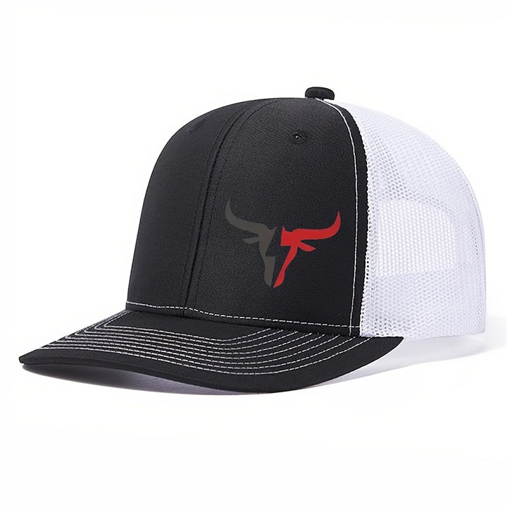 1 gorra ajustable para camionero con espalda de malla transpirable, negra y azul, estampado de calavera de vaca - algodón duradero, uso en todas las estaciones, solo lavado a mano, gorra para deportes al aire libre|Diseño de calavera de vaca|Espalda de ma