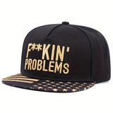 Gorra de Béisbol Bordada en Dorado 'PROBLEMS' - Snapback de Moda, Estilo Hip Hop, Gorra Ligera para Hombre y Mujer. Tejido de Tela