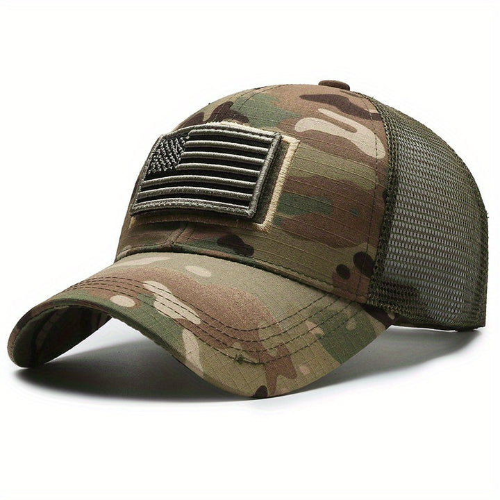 Gorra de béisbol táctica para hombre con parche de bandera americana impresa, transpirable, secado rápido, parte trasera de malla y ajuste adaptable para actividades al aire libre como pesca, senderismo y viajes