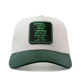 Gorra de Camionero Ajustable para Hombres y Mujeres con Frase Motivacional Dinheiro vs Felicidade e Estampa Verde - Parte Trasera en Red Transpirable, Gorro Ligeto Casual Deportivo o Streetwear Unisex Ideal Para el Otoño/Verano (Talla Única, 54.86-59. 94c