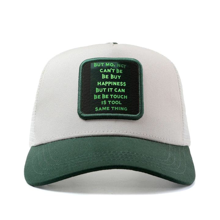 Gorra de Camionero Ajustable para Hombres y Mujeres con Frase Motivacional Dinheiro vs Felicidade e Estampa Verde - Parte Trasera en Red Transpirable, Gorro Ligeto Casual Deportivo o Streetwear Unisex Ideal Para el Otoño/Verano (Talla Única, 54.86-59. 94c