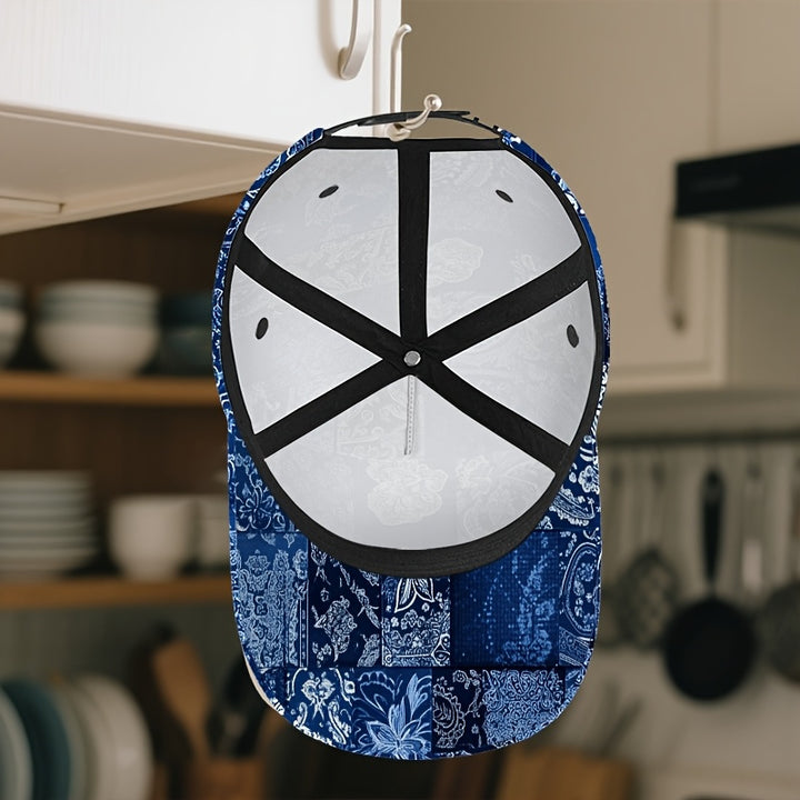 1 Gorra de Béisbol Azul Marino y Blanca con Estampado Paisley - Correa Ajustable, Clásica para Hombres, Ideal para Eventos Formales y Casuales - Sombrero Diario No Eléctrico para Halloween, Navidad, Acción de Gracias, Fiestas, Diseño de Patchwork, Constru