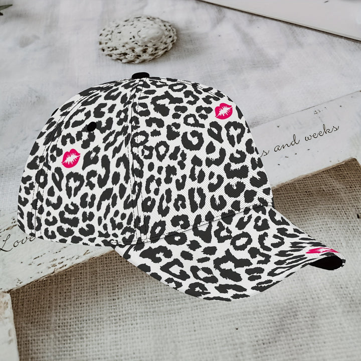 Gorra de Béisbol con Estampado de Leopardo y Besos Rosados - Gorra Unisex Ajustable Ligera y Transpirable para Deportes, Viajes al Aire Libre, Sombrero Glamuroso Todo el Año, Lavable a Máquina, Regalo Festivo, Accesorio Divertido y Duradero