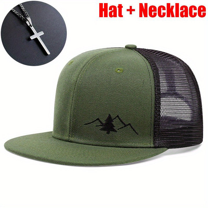 2 piezas (Gorra + Collar) Gorra de camionero transpirable con bordado de pino para hombre, gorra ajustable deportiva unisex, regalo