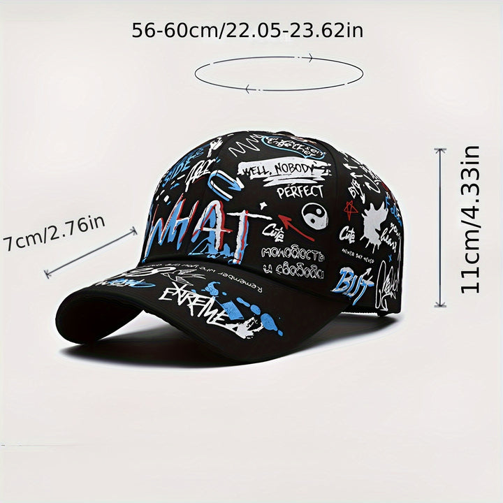 Gorra de béisbol estilosa con impresión de graffiti moderna, diseño hip-hop versátil y protección solar para estilos europeo y americano, disponible en 4 colores