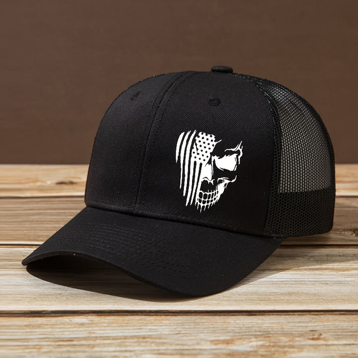 Gorra de béisbol curva con estampado de calavera y bandera de letra para hombres y mujeres, elegante sombrero de camionero para actividades al aire libre, ajustable y adecuado para camping y pesca, perfecto para correr, hacer senderismo y camping, lo conv