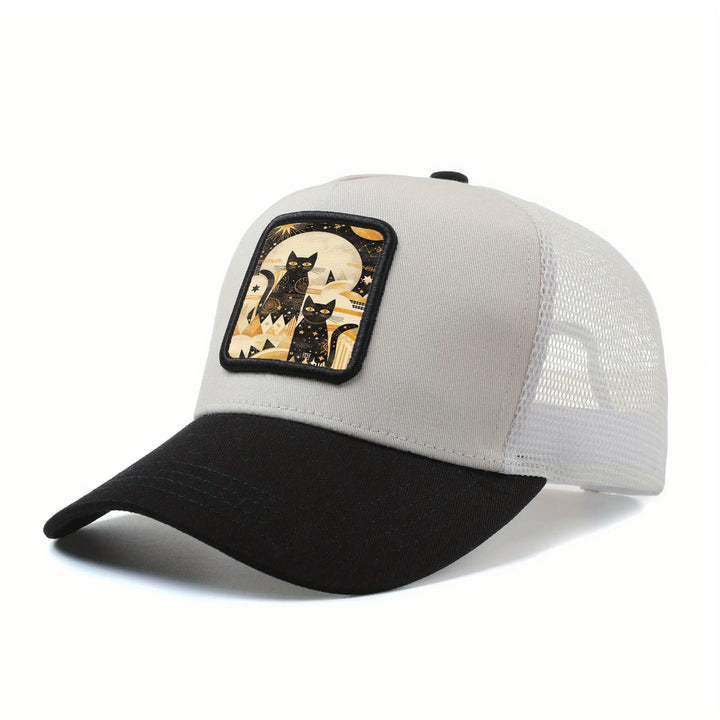 Gorra de béisbol con fase lunar de gato negro bohemio para hombre y mujer - Gorra ajustable de malla, ligera y transpirable para verano con bordado 3D, diseño de anime de hip hop para actividades al aire libre, ropa casual para la cabeza, accesorios de mo