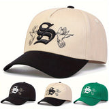 Gorra de Béisbol Ajustable para Mujer con Diseño Floral y Letra S, Gorro Transpirable de 5 Paneles para Primavera/Otoño, Playa o Fiestas - Beige//Verde, Accesorio Casual y Estiloso, Duradero