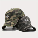 Gorra de béisbol de camuflaje americana para mujeres, lavada y desgastada, suave, transpirable, ajustable, poliéster, con detalles de bordado, estilo vintage para ropa de trabajo masculina.