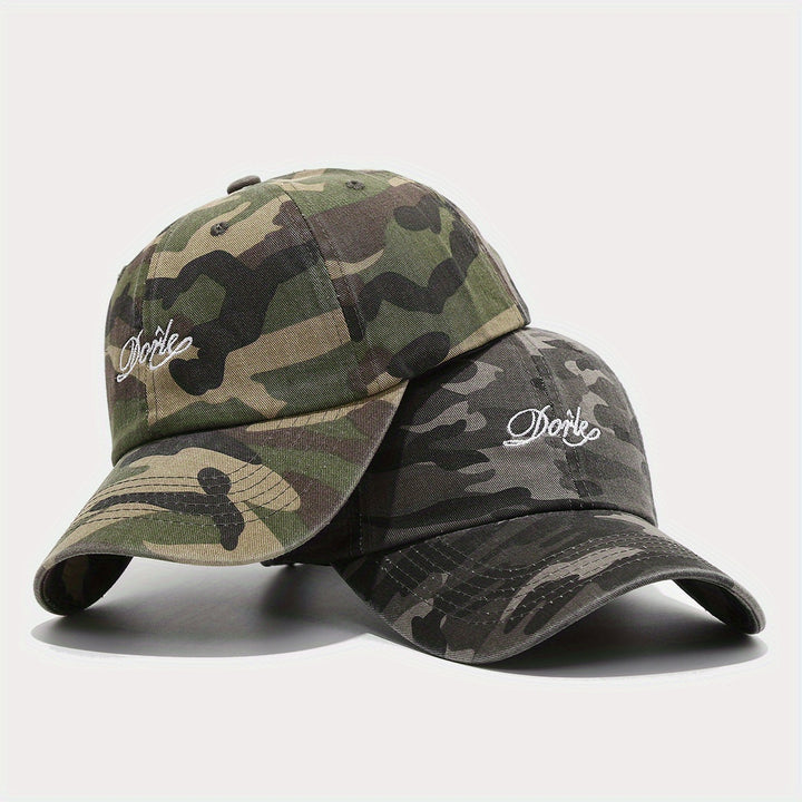 Gorra de béisbol de camuflaje americana para mujeres, lavada y desgastada, suave, transpirable, ajustable, poliéster, con detalles de bordado, estilo vintage para ropa de trabajo masculina.