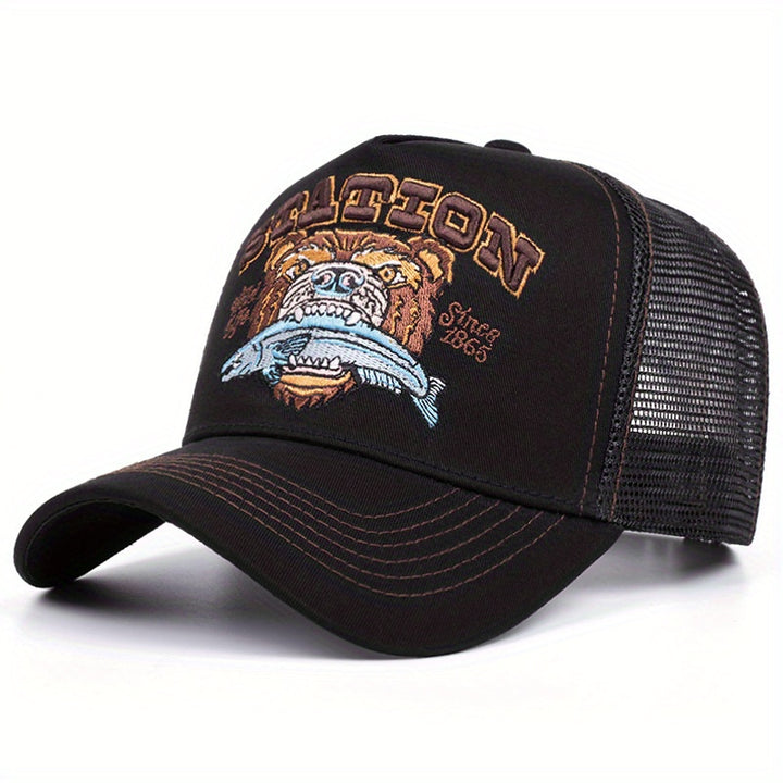 Gorra de béisbol retro americana con estampado de cabeza de oso, unisex, transpirable, malla de contraste, estilo trucker