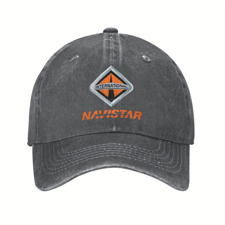 Gorra de béisbol internacional Navistar 2025 - Negro lavado con logotipo rojo y naranja, algodón transpirable, ajuste ajustable para deportes al aire libre, golf, running - Regalo elegante para hombres y mujeres