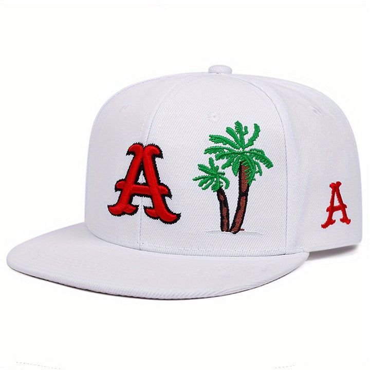 Gorra Snapback para Hombre con Diseño de Letra A y Palmera - Beige/Rojo//Verde/Marrón- Gorra Bordada Suave al Estilo Hip-Hop, Playa, Uso Diario - Sombrero Casual Todo Clima - Regalo Perfecto Día del Padre, Acción de Gracias o Carnaval - Iniciales Disponib