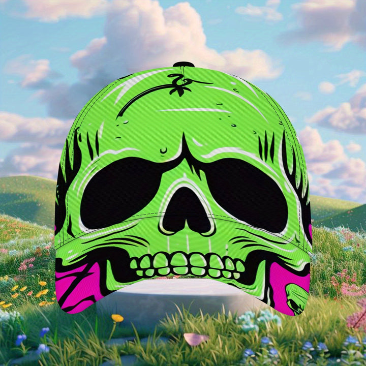 Gorra de Béisbol Hip Hop con Calavera Verde 1pz - Sombrero Ajustable de Ropa Urbana con Estampado Gráfico en Rosa y Vibrante, Impresión Digital Duradera, Lavable a Máquina Diseño de Calavera Avanzado para Deportes y Atuendos Casuales, Regalo de Navidad, A