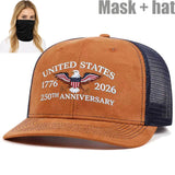 Dos Paquetes Gorra Trucker Águila del 250 Aniversario de EE. UU. + Set de Máscara - Rojo Patriótico y Diseño, Snapback Ajustable, Parte Trasera de Malla Transpirable, Absorbente de Humedad, Ideal para Deportes al Aire Libre y Uso Casual, Perfecto para ...