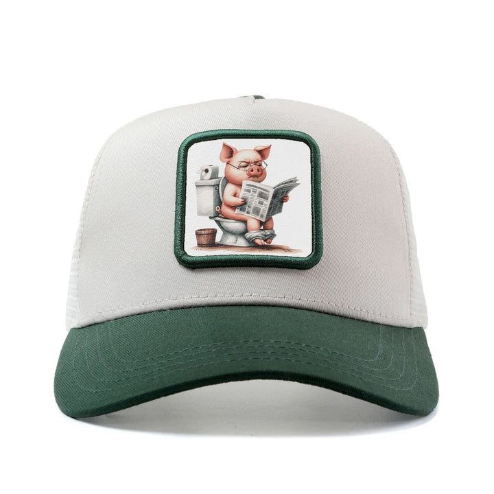 Gorra de béisbol unisex con malla trasera, gorra de pesca ajustable estilo camionero, diseño de cerdo leyendo periódico en el baño, gorra de verano transpirable para exteriores, estampado hip hop y anime