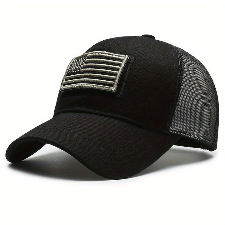 Gorra de béisbol táctica para hombre con parche de bandera americana impresa, transpirable, secado rápido, parte trasera de malla y ajuste adaptable para actividades al aire libre como pesca, senderismo y viajes