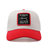 Gorra de Béisbol Cristiana para Hombres y Mujeres con Diseño del Versículo bíblico - Gorra Trucker Ajustable Snapback, Parte Trasera Transpirable en Red & Construcción de 6 Paneles, Ligero, Blanco/ con Escrituras Isaías 41:7 e Mateo 28:6, Sombrería Casual