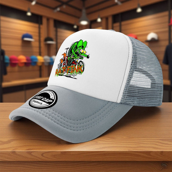 1 pieza de gorra de béisbol de dibujos animados Rat Fink - Tejido de malla transpirable verde y rojo, gorra ligera para golf, pesca y uso casual, lavable en máquina, ropa de cabeza para exteriores | Diseño juguetón | Equipo de cabeza duradero