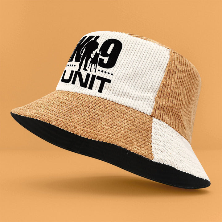 Gorro de Pana para Todas las Estaciones con Logo de Cachorro K9 y Texto K9 UNIT - Cierre Ajustable con Broche, Plegable para Exteriores y Uso Casual - Pana Verde Oliva/ (Lavable a Máquina)