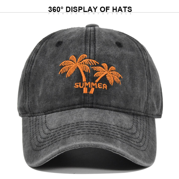 Gorra de béisbol bordada con diseño de palmera de coco - Sombrero de sol retro lavado y envejecido con visera curva, tejido transpirable no tejido, ajuste elástico para fútbol, Mardi Gras