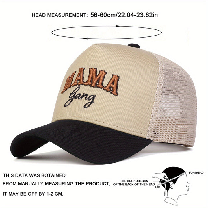 1 Gorra de Béisbol MAMA Gang para Hombre, Gorra de Malla Ajustable de Cinco Paneles para Exteriores, Casual, Primavera, Otoño, Viajes, Vacaciones en la Playa, Accesorios de Cabeza de Otoño,Moda de Primavera,Estilo Streetwear,Diseño a la Moda,Malla Transpi