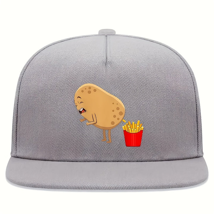 1 Gorra Ajustable de Béisbol con Estampado Divertido de Papa y Papas Fritas - Visera Plana Roja con Ribete Blanco, Estilo Streetwear Moderno para Hombres, Deportes al Aire Libre y Eventos Temáticos (Correa Ajustable)