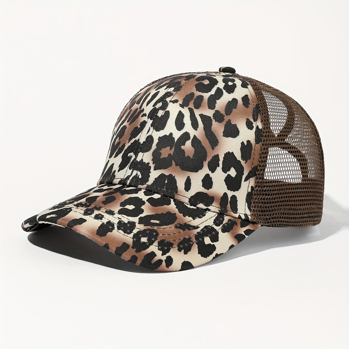 1 pieza, gorra de béisbol sexy para mujer con estampado de leopardo, agujero para cola de caballo, parte trasera de malla transpirable, cierre ajustable con cierre de clic, ala ancha, ideal para ropa de calle y actividades al aire libre.