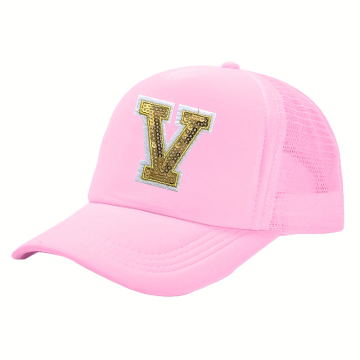 OKOIUM Gorra de Béisbol con Letras Brillantes para Niñas y Niños - 26 letras del alfabeto A-Z, Cierre Snapback Rosa Dorado Reluciente, Parte Trasera Transpirable en Malla, Tamaño Ajustable 4-10 años. Ideal como Sombrero Casual Diario o Fiestas Escolares (