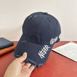 Gorra de béisbol estilo americano con bordes desgastados, bordado lateral y visera curva, sombrero versátil para streetwear