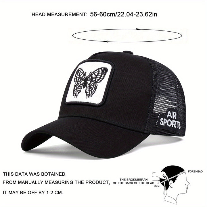 Gorra de Camionero Bordada con Mariposa para Hombre - Gorra de Béisbol Ajustable para Protección Solar al Aire Libre, Malla Ligera y Transpirable en la Parte Posterior, Diseño Elegante de Animales en Naranja, Negro/Blanco o Amarillo, Ideal para Viajes, Va