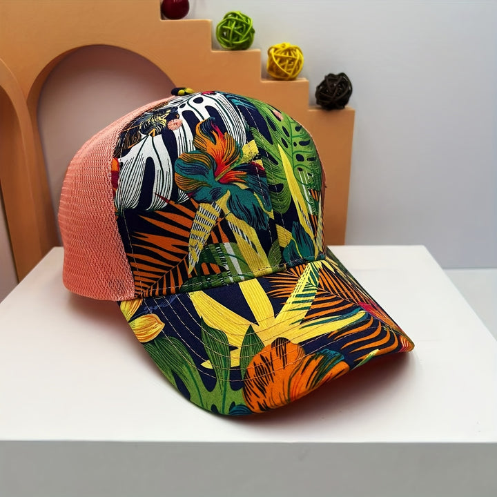1 gorra de béisbol con estampado floral tropical para mujeres y hombres - Espalda de malla transpirable, cierre ajustable con clic, gorra ligera para exteriores para senderismo y uso casual, protección solar
