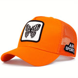 Gorra de Camionero Bordada con Mariposa para Hombre - Gorra de Béisbol Ajustable para Protección Solar al Aire Libre, Malla Ligera y Transpirable en la Parte Posterior, Diseño Elegante de Animales en Naranja, Negro/Blanco o Amarillo, Ideal para Viajes, Va