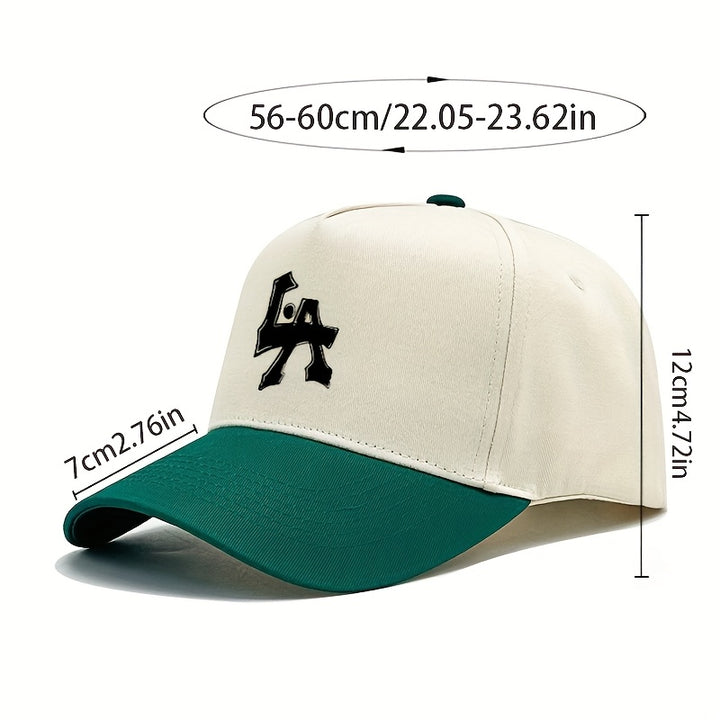 1 gorra de béisbol con estampado de letras LA - ajustable, protección solar, gorra casual para viajes, fiestas en la playa y regalos, poliéster, blanco con ribete negro, ropa de cabeza para exteriores | Gorra deportiva | Gorra ajustable