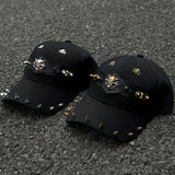 1 gorra de béisbol estilo punk con diseño de calavera y tachuelas, ajustable con cierre trasero, poliéster negro, accesorio de moda urbana para el día a día o looks festivos, sombrero casual | Estilo urbano atrevido | Ojillos metálicos